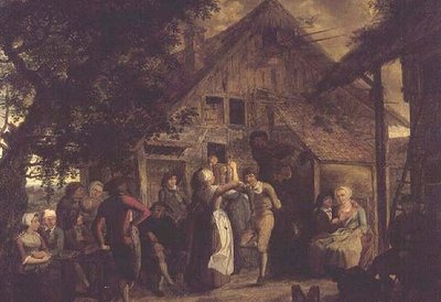 Dorfbewohner beim Feiern vor einem Bauernhaus von Flemish School