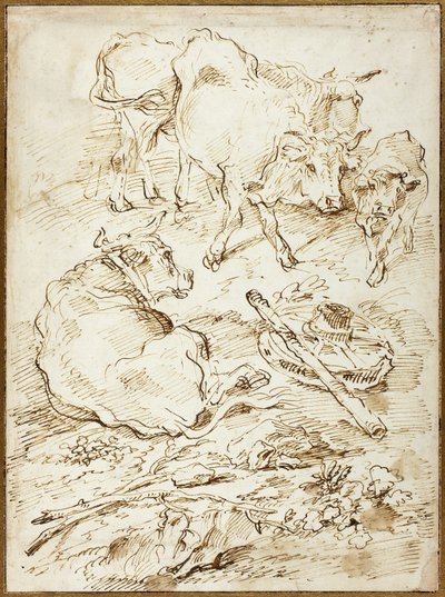 Rinder neben einem Wagenrad von Francesco Castiglione