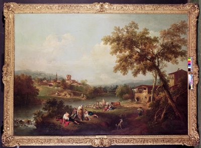 Weite Flusslandschaft mit einem Dorf von Francesco Zuccarelli