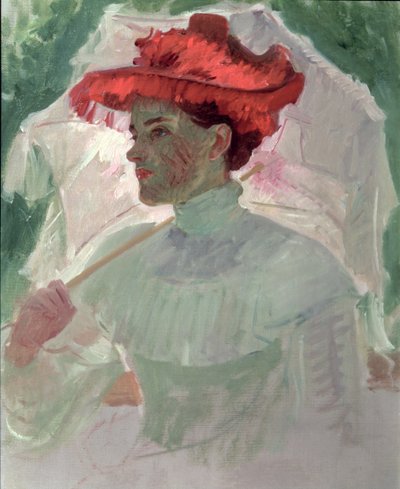 Frau mit rotem Hut und Sonnenschirm von Frank Duveneck