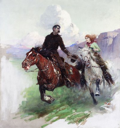 Hart reitend mit zwei Schützen von Frank Tenney Johnson