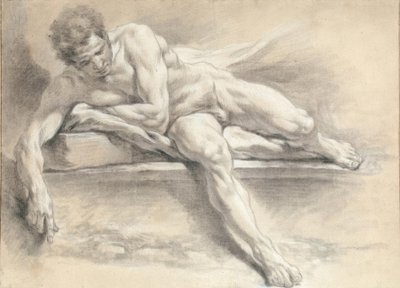 Aktstudie eines auf einer Steinbank liegenden Mannes von François Boucher
