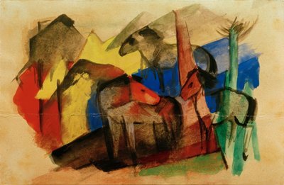 Drei Pferde in Landschaft mit Häusern von Franz Marc