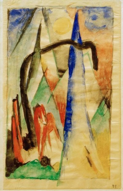 Pferd in Landschaft mit spitzen Formen von Franz Marc