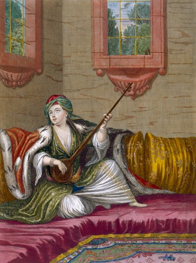 Ein türkisches Mädchen spielt die Tehegour, ca. 1708 von French School