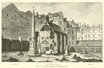 Friedhof und Beinhäuser der Unschuldigen im Jahr 1785 von French School