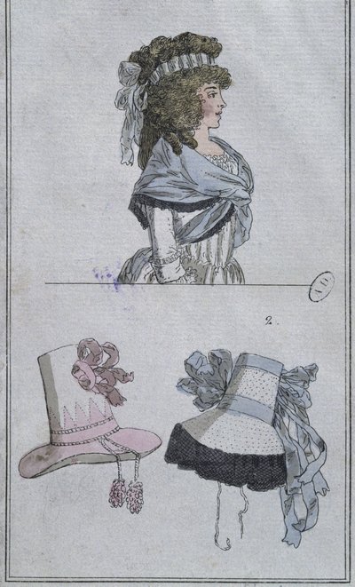Frisuren und Hüte (Farbstich) von French School