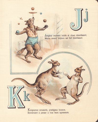 J K: Fröhlicher Fuchs, Jongleur, Känguru, Kickboxen von French School