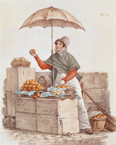 Orangenverkäuferin, Druck, Frankreich von French School