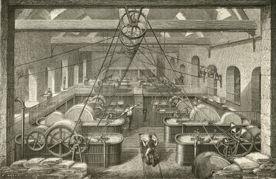 Papierherstellung: Bleichen von Lumpenbrei. Gravur ca. 1870. von French School