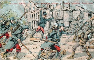 Postkarte, die die französische Infanterie bei der Verteidigung von Champenoux darstellt von French School