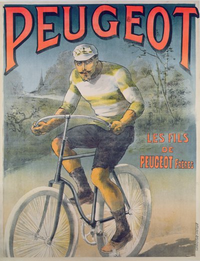 Plakat zur Werbung für die Fahrräder Peugeot von French School