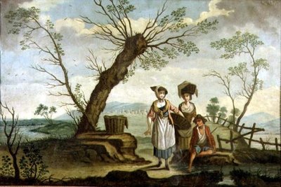 Ländliche Landschaft mit Waschfrauen und einem Bauern von French School