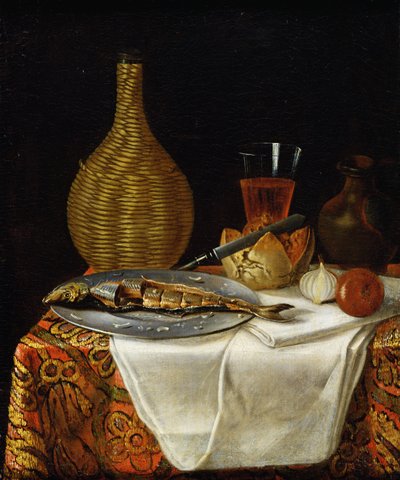 Stillleben mit Hering und Flasche von French School