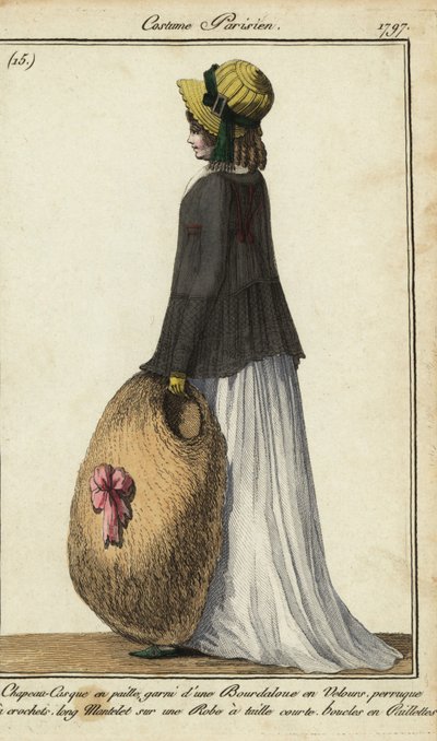 Frau mit Strohhut und schwarzem Mantel von French School