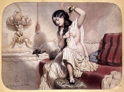 Frau, die sich nach dem Bad parfümiert - Lithografie, ca. 1860 von French School