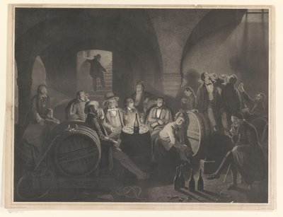 Gesellschaft trinkender Männer in einem Weinkeller von Friedrich Jentzen