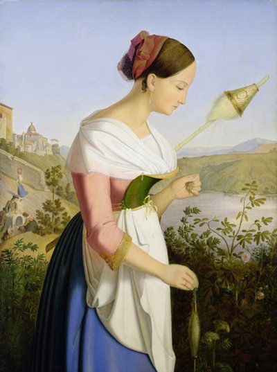 Italienisches Mädchen mit einem Spinnkleid von Friedrich Wilhelm Mueller
