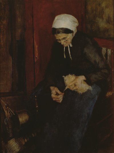 Alte Frau beim Spinnen von Wolle von Fritz Mackensen