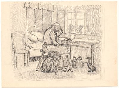 Die alte Frau flechtet Haare von Fritz Syberg