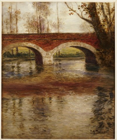 Eine Flusslandschaft mit einer Brücke von Frits Thaulow