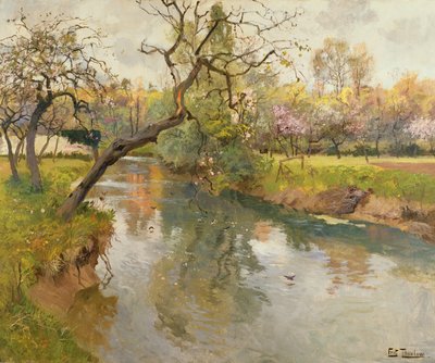 Französische Flusslandschaft mit blühendem Baum von Frits Thaulow