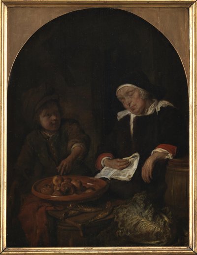 Eine Frau verkauft Obst und Heringe von Gabriel Metsu