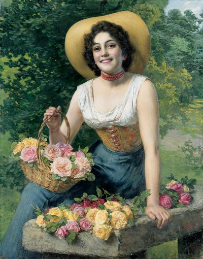 Eine Schönheit mit einem Korb Rosen von Gaetano Bellei