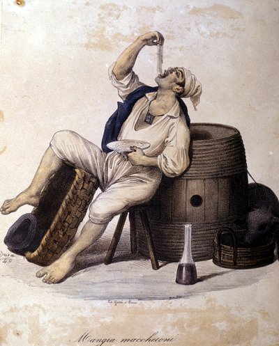 Neapolitaner essen Makkaroni. Lithographie von Dura von Gaetano Dura