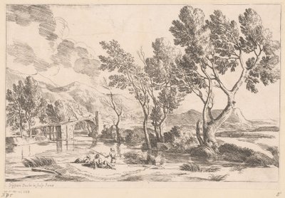 Flusslandschaft mit Brücke und Fischern von Gaspard Dughet