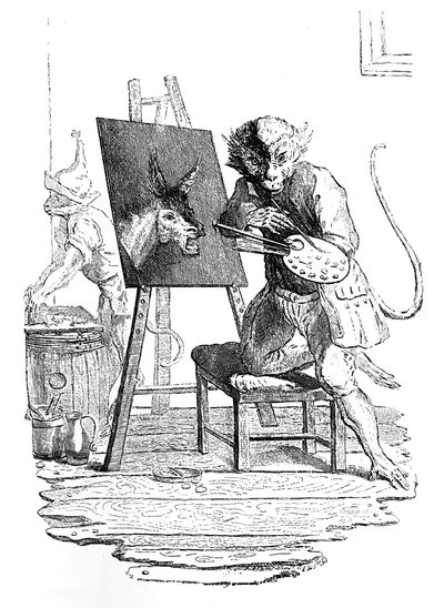 Ein Affe malt einen Esel, 1753 von George Bickham