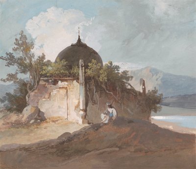 Figur, die an einem indischen Tempel sitzt von George Chinnery