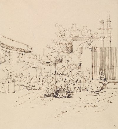 Straßenszene mit Händlern, die Waren verkaufen von George Chinnery