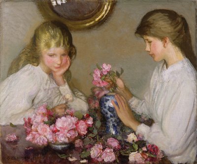 Zwei Mädchen arrangieren Sträuße von George Clausen