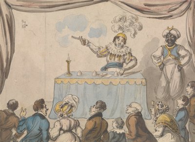 Zauberer mit Pistole und Karten von George Cruikshank
