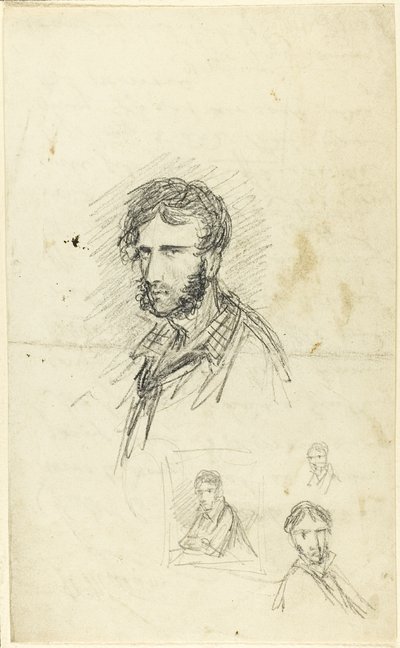Selbstporträt mit drei Skizzen von George Cruikshank