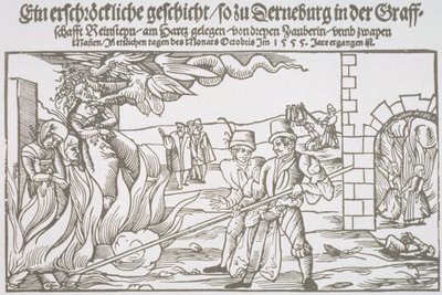 Drei Hexen lebendig verbrannt, Flugblatt-Illustration von German School