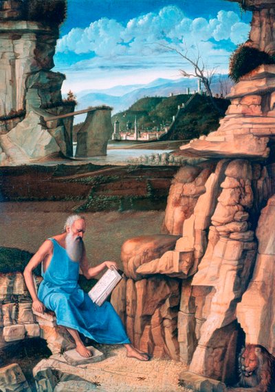 Der heilige Hieronymus liest in einer Landschaft von Giovanni Bellini