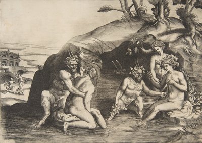 Nymphen und Satyrn beim Baden von Giulio Bonasone
