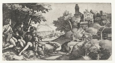 Musizierende Hirten in einer Landschaft von Giulio Campagnola
