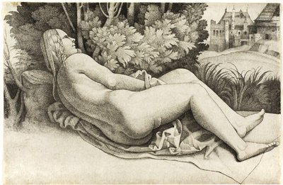 Frau, die in einer Landschaft liegt von Giulio Campagnola