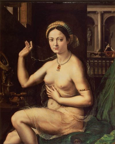 Frau mit Spiegel von Giulio Romano