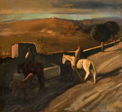 Weißes Pferd an der Tränke von Giuseppe Biasi