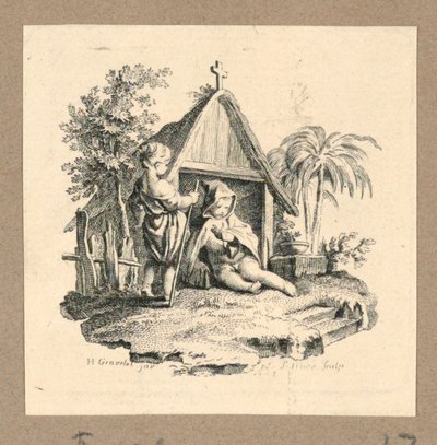 Zwei Figuren vor einer Struktur mit Kreuz von Gravelot