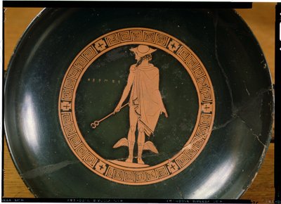 Griechische rotfigurige Schale, die den Gott Hermes darstellt von Greek