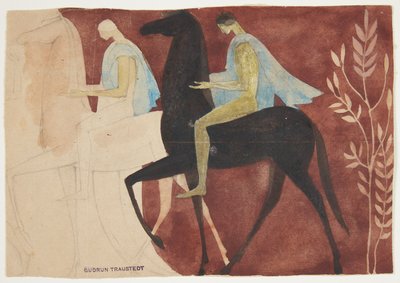 Zwei junge Männer zu Pferd. Entwurf für eine Raumdekoration von Gudrun Traustedt