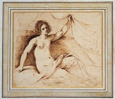 Eine liegende nackte Frau, die einen Vorhang hebt von Guercino