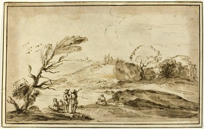 Zwei Gruppen von Figuren in einer Landschaft von Guercino