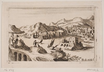 Kupferne Küstenlandschaft mit orientalischen Gebäuden von H. Rosenkilde