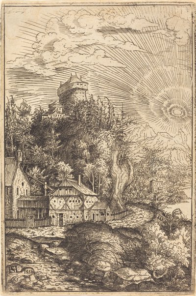 Landschaft mit einer Burg und strahlender Sonne von Hanns Lautensack